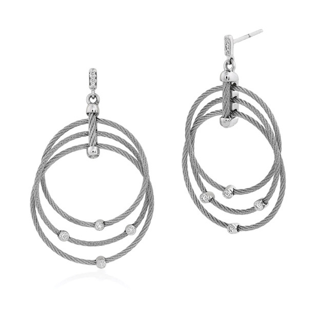 This statement earring is made of Alor's signature heat treated stainless steel cable meaning you can achieve a big look without pulling on your ear. Accenting the beautiful cable are five diamond stations set in 18k white gold. <div><br></div><div><ul><li>Available in Grey, Black, and Yellow</li><li>18k Gold Post and Settings</li><li>0.10tcw of Diamond</li><li>Lightweight</li></ul></div> Diamond Teardrops Three Cable Hoop Drop Cable Earrings