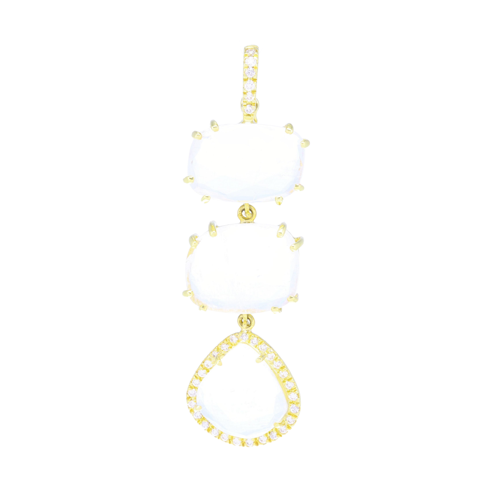 <div>This stunning 18k yellow gold necklace exhibits three rainbow moonstones all dangling from a diamond set bezel. Displayed on the last moonstone is a set halo of diamonds, with the pendants total weight being .23 carats. A stone of "new beginnings", moonstones are used to help bring balance while heightening creativity and inner confidence . Dress this up for a night out, or wear it around town during the day, these beautifully set moonstones will always help you lighten your experience. </div>18k Yellow Gold, Diamond: 0.23tcw, Moonstone Rainbow Moonstone Triple Drop Necklace