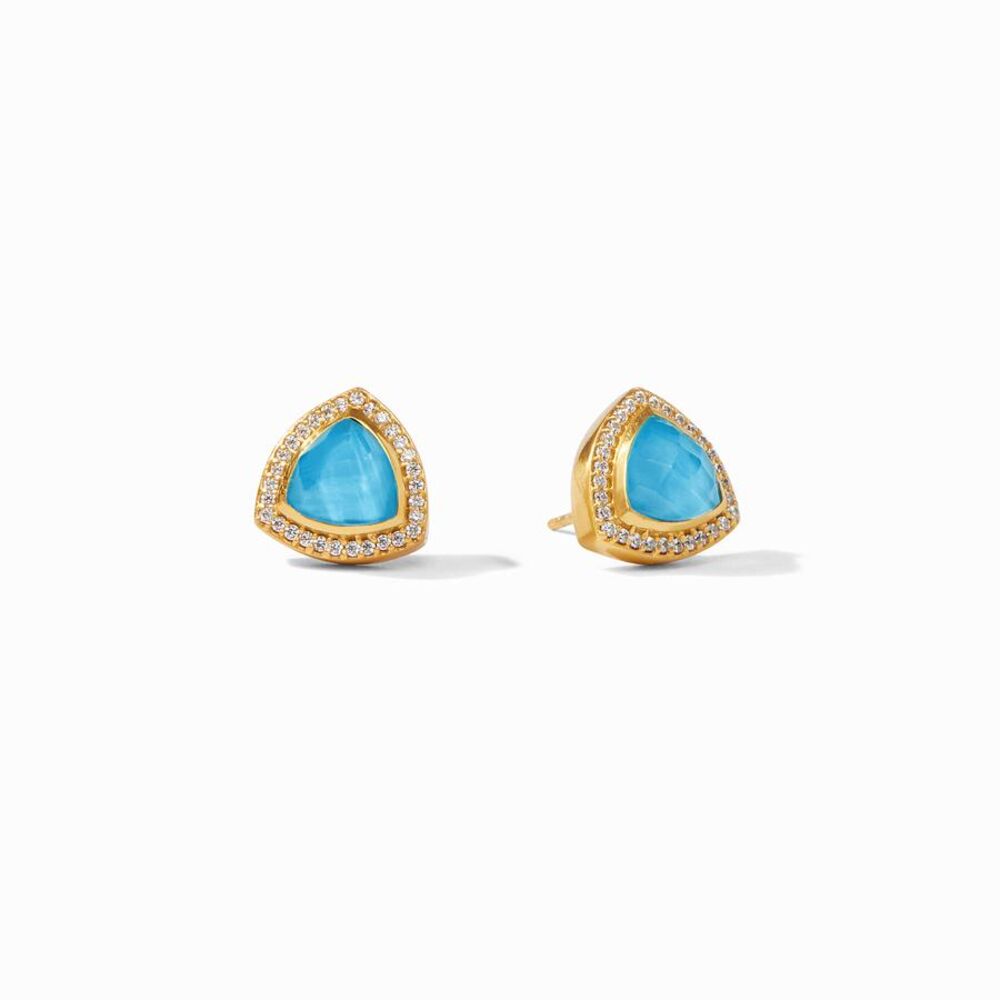 24k gold plated stud earrings. Shaped like a triangle with a gemstone in the center set, with a halo or CZ stone. Paris Luxe Stud