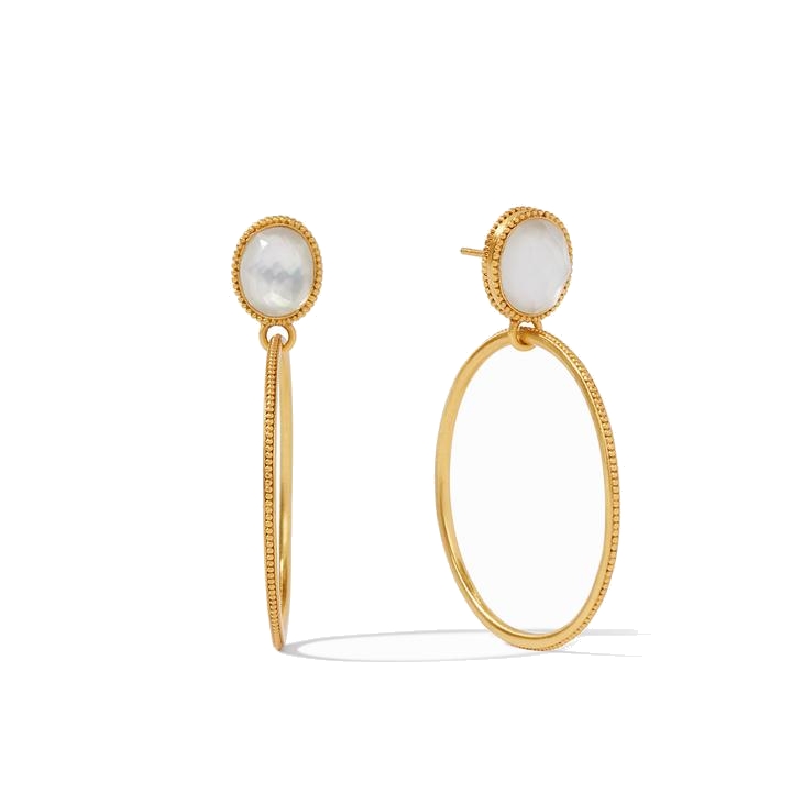 Very lightweight, this 24k gold plated earring is perfect for someone on the go! Oval imported glass stud attached to a delicate hoop. Can be worn from day to night. Verona Statement Earrings