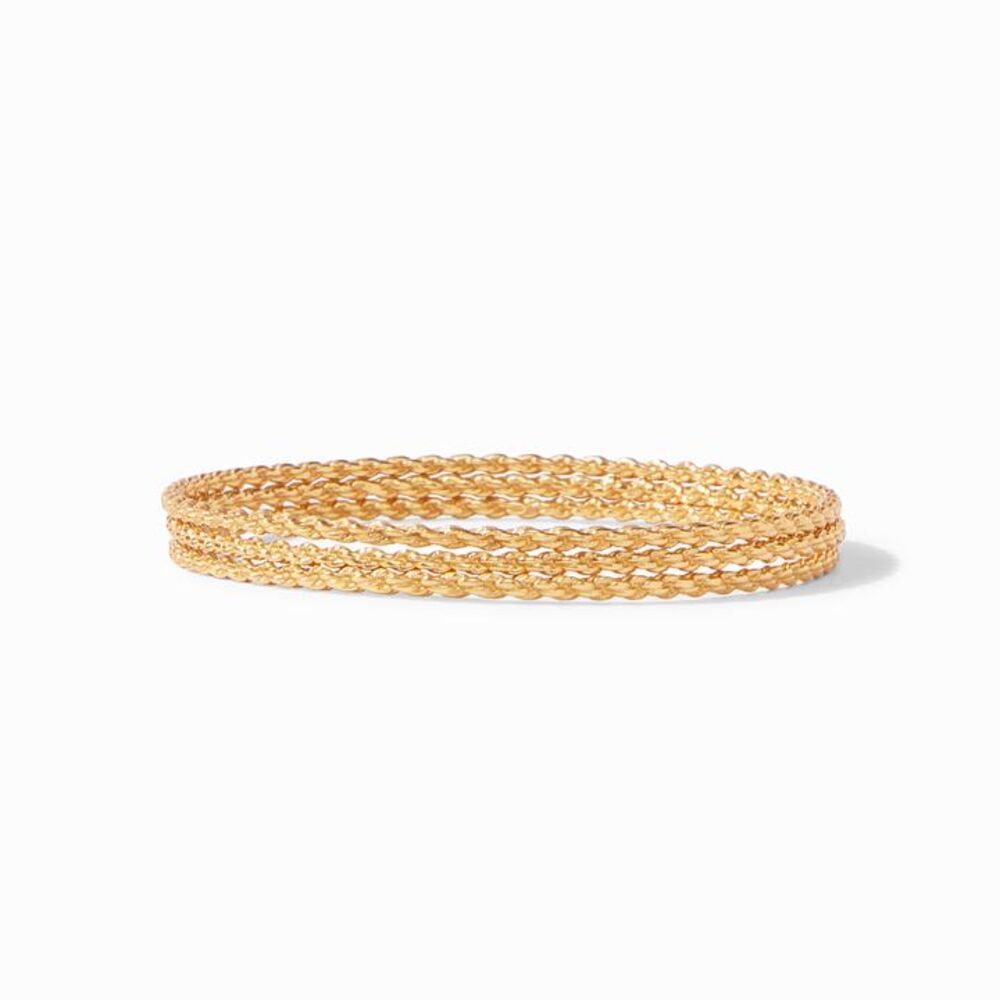 Rope like etched bangle, made of 24k gold plate. Perfect for stacking, or wear alone: three to a pack. Cascade Trio Bangles