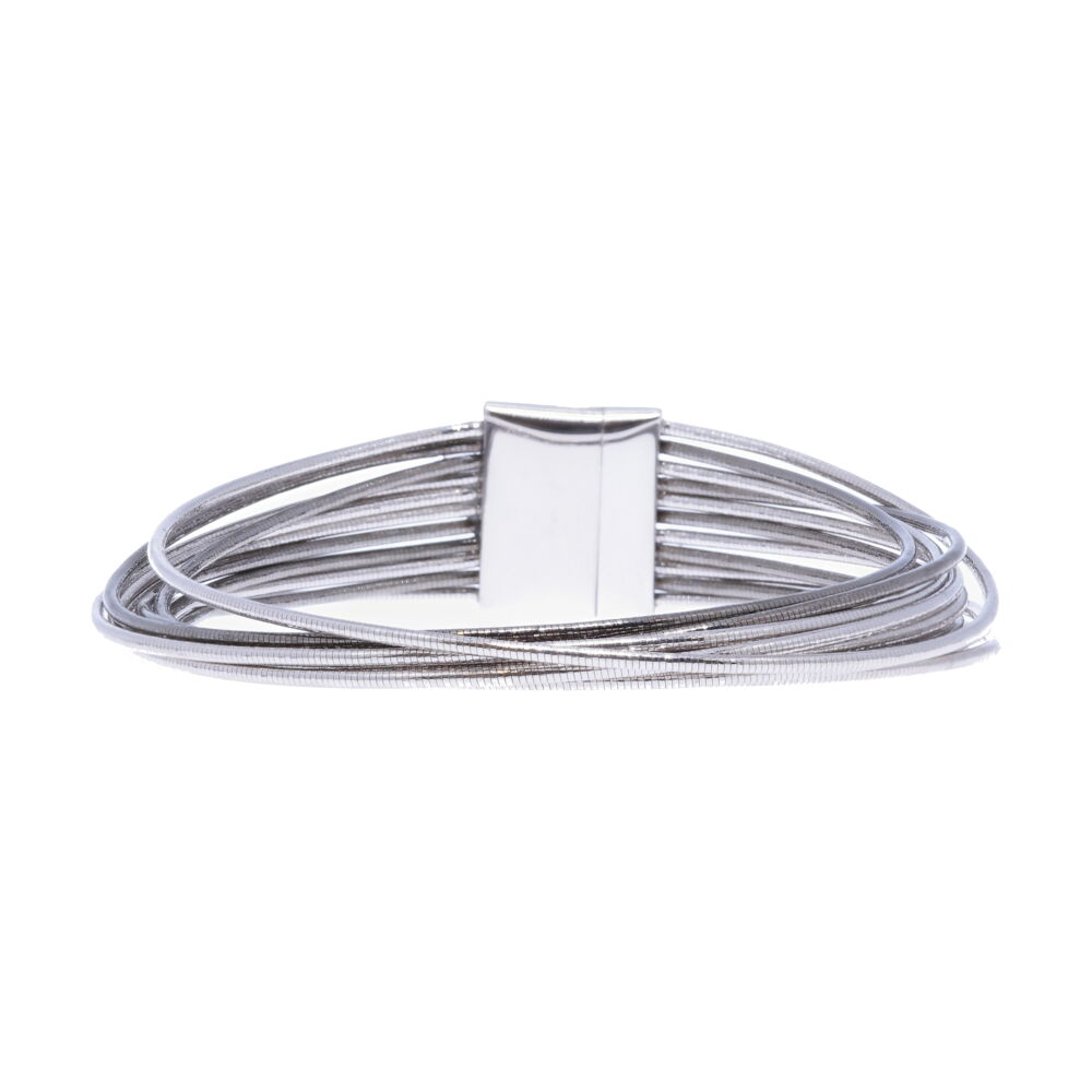 DNA Spring Collection presented by Pesavento features this thin, 11 strand bracelet . Displayed in two different colors this bracelets great definition and versatility is something that can be worn every day; just as something fun, or it can be a compliment to a sophisticated look. Either way, this bracelet is sure to impress and attract attention. Thin Clasp Bracelet