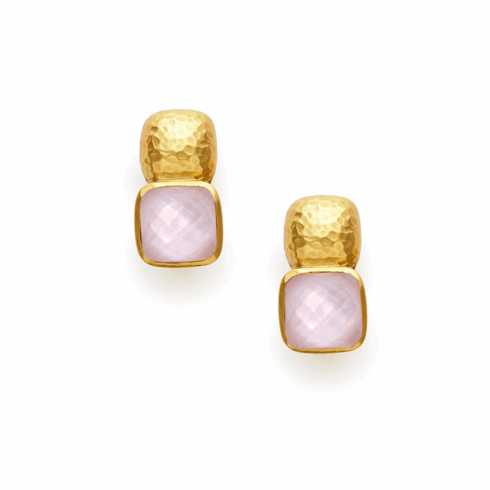 24k gold plate square stud. Attached to the golden square is a large gemstone set in gold. Catalina Earring