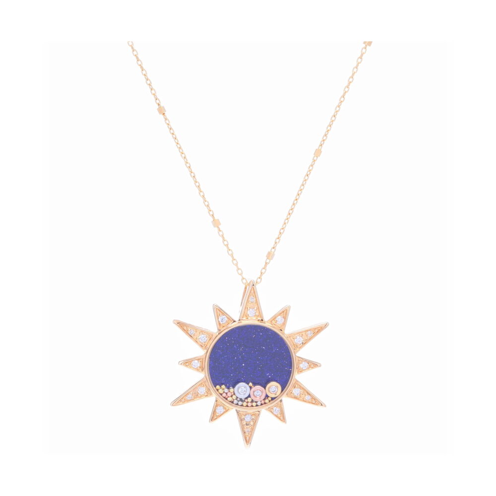 14k Yellow gold pave sun with blue sandstone center with floating diamonds and gold beads .169 tcw 14K Yellow gold pave sun with blue sandstone center