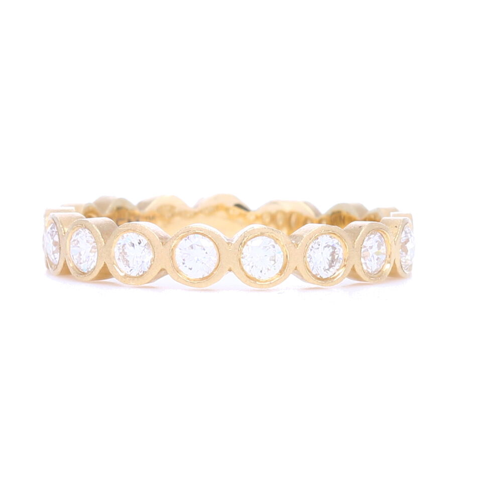 This 14k Yellow gold bezel set round diamond stack ring has .5 carats of diamonds and a satin finish. Bezel Set Round Diamond Stack Ring
