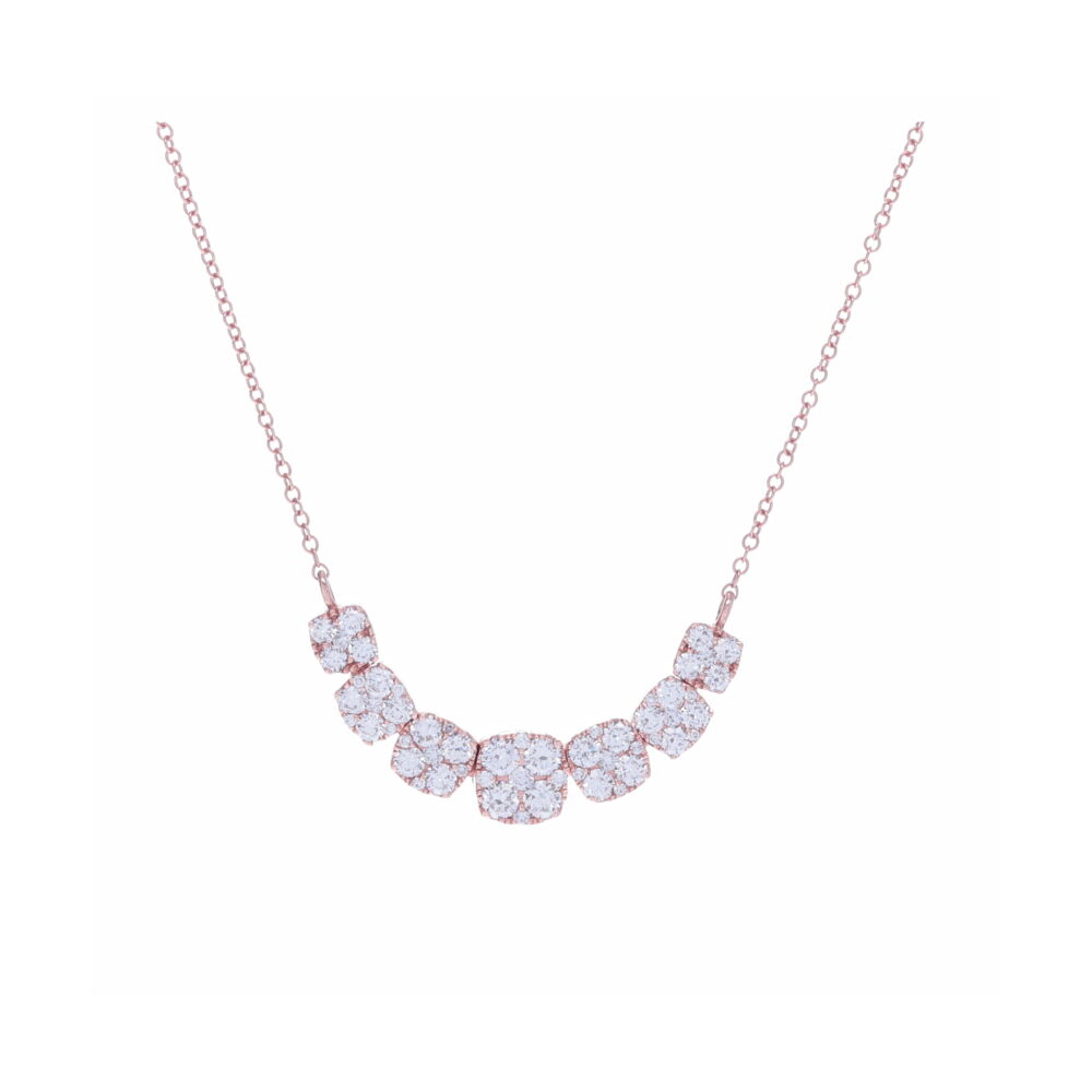 The absolute stunning necklace features 18k rose gold as well as a 7 prong settings with 7 brilliant diamonds, that grow in size as you reach the center setting. Prong Round Diamond Pendant