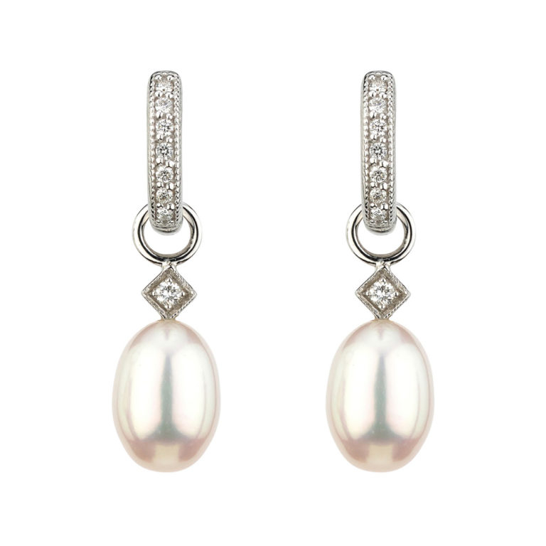 From the Lisse Collection, the Pearl Briolette Earring Charms feature 18K yellow gold with prong set round diamonds and white pearl drops. Hoops and earring charms sold separately. White Pearl Briolette Earring Charms