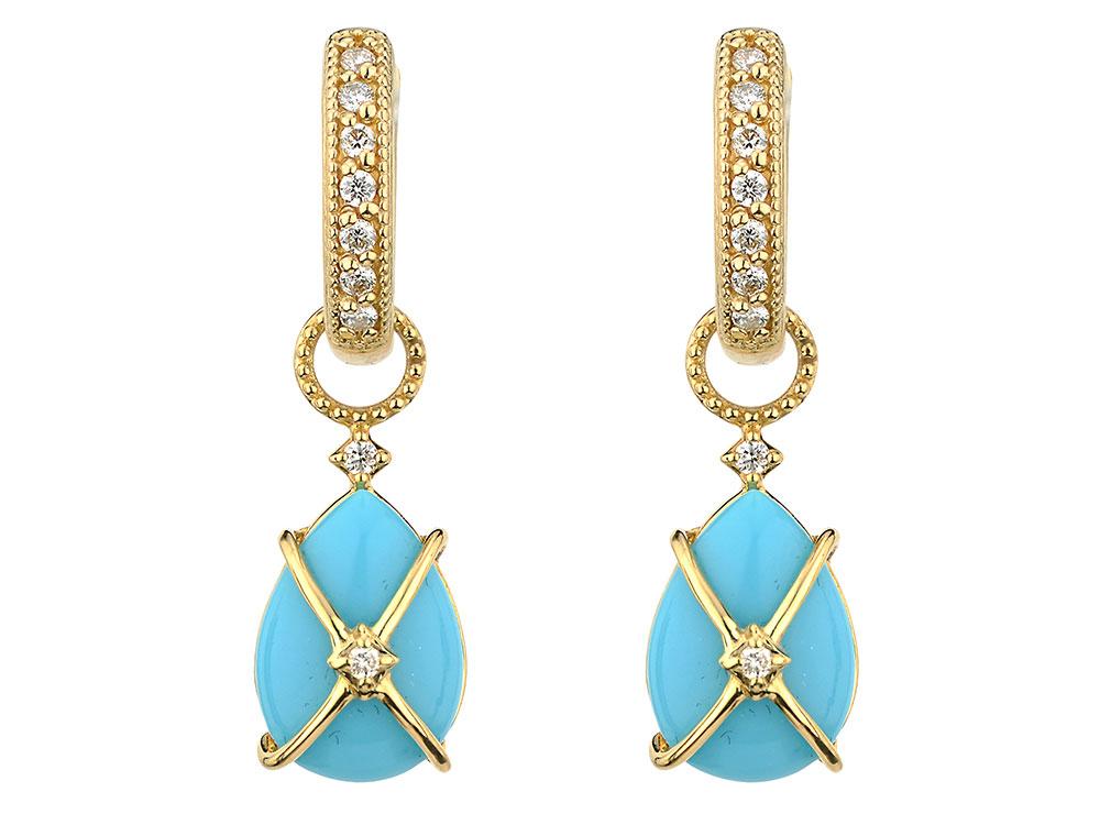 These tiny criss-cross earring charms feature a turquoise pear shaped gemstone. Center set diamond makes these simple earrings something everyone will love. TINY CRISS CROSS WRAPPED PEAR STONE EARRING CHARMS