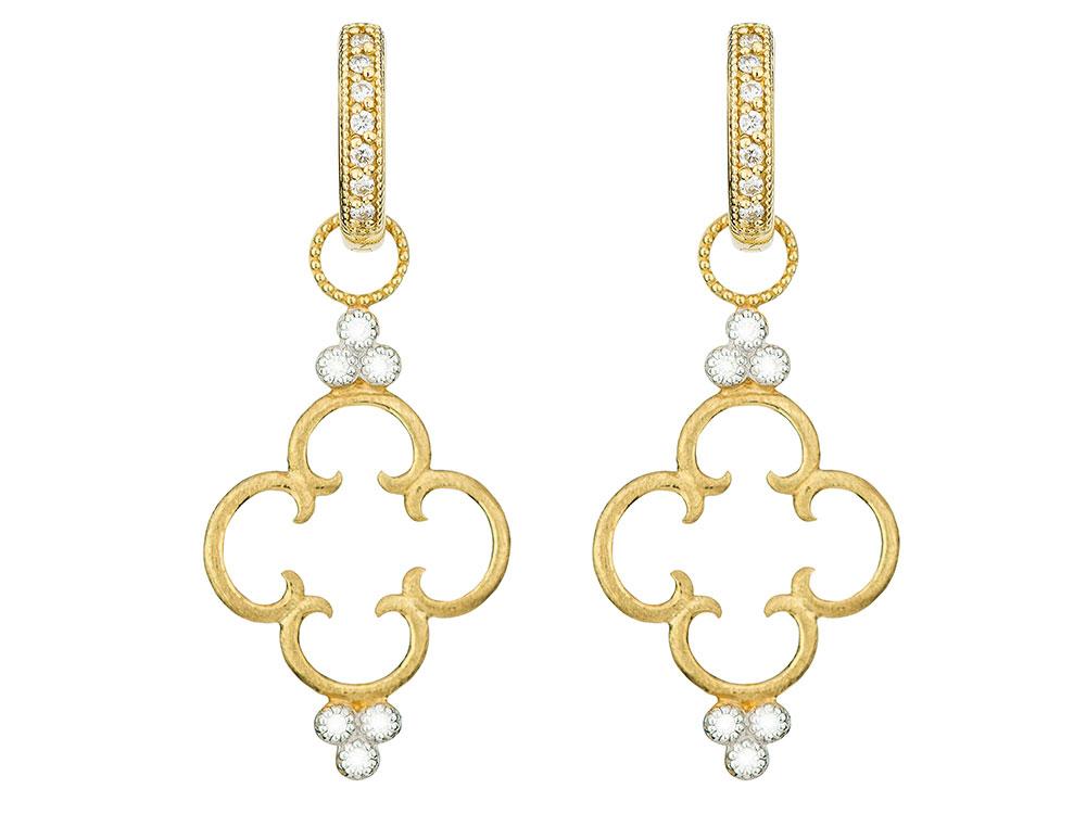 These 18k yellow gold earring charms are resembling an open clover. With three set diamonds on the bottom and top of the charm, these are going to be your new favorite earrings. Simple Clover Diamond Trio Earring Charm