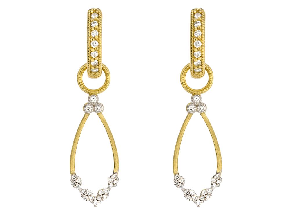 From the Provence Champagne Collection, the Provence Champagne Open Pear Bezel Earring Charms feature prong and bezel set round diamonds in 18K yellow gold with the signature brushed JFJ finish. Hoops and earring charms sold separately. Provence Champagne Open Pear Bezel Earring Charms