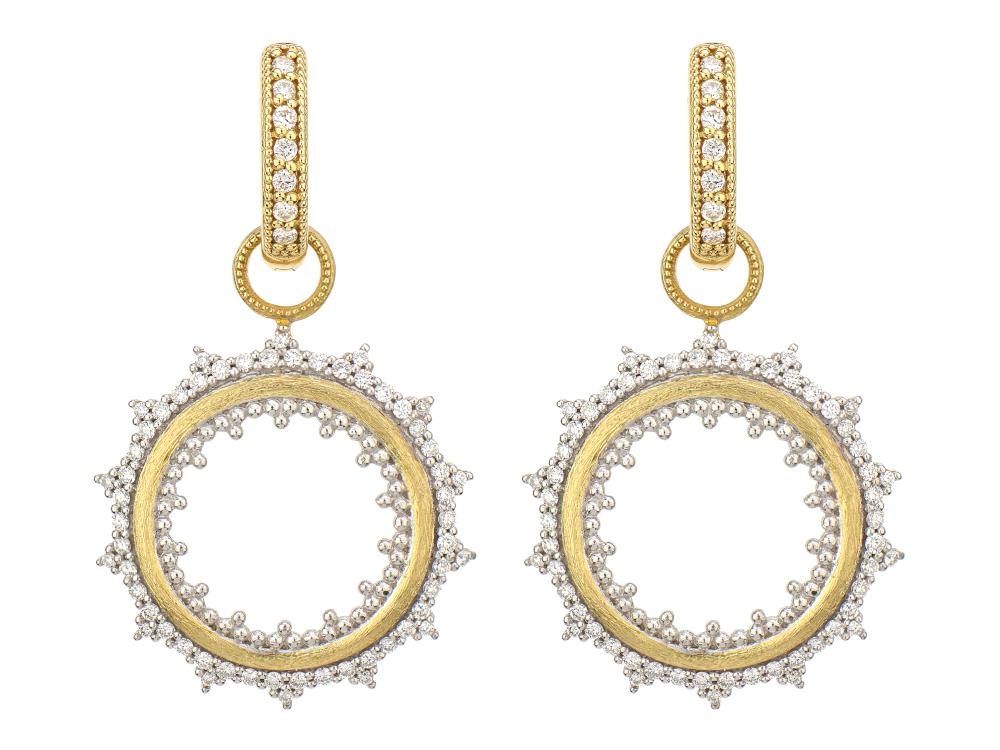 From the Provence Collection, the Provence Open Sunburst Diamond Earring Charms features prong set round diamonds set in 18K yellow gold with the signature brushed JFJ finish and beaded edge. Hoops and earring charms sold separately. Provence Open Sunburst Diamond Earring Charms