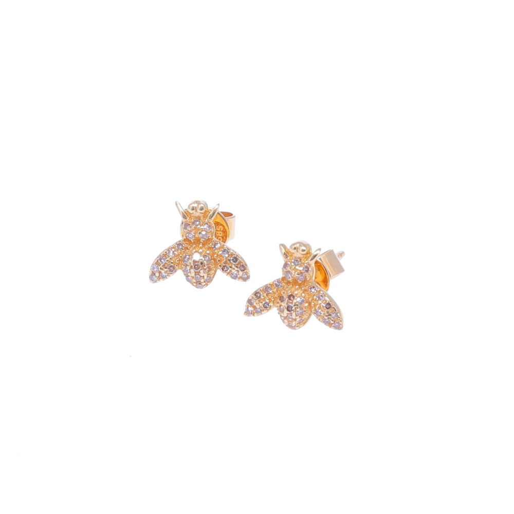 14k Pave Diamond Bee Stud Earrings - perfect for every day. 14k Yellow Gold Diamond Bee Studs