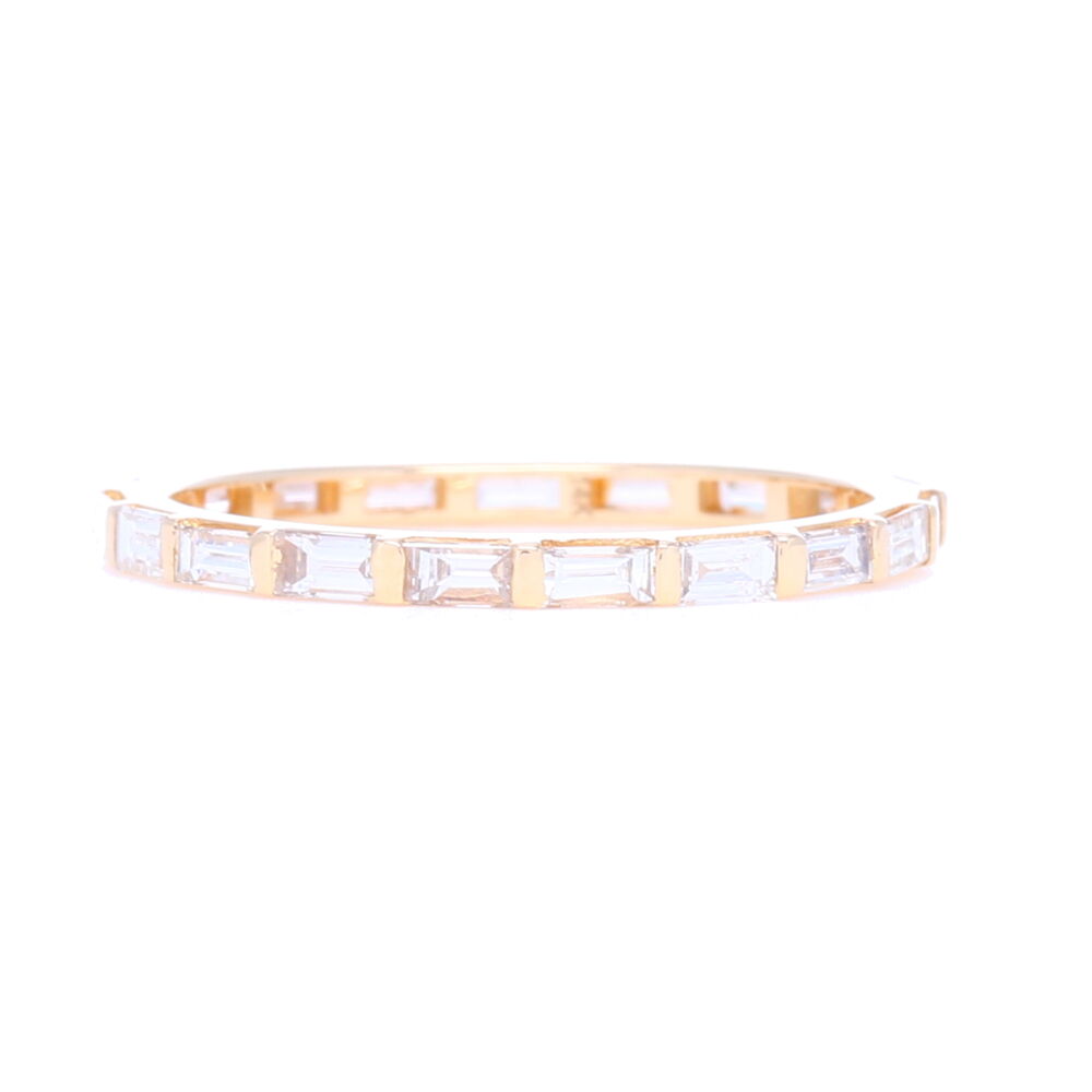 <div><font size="2">With a slim profile, and super comfortable, this ring is perfect for adding dimension to any stack ring set. Crafted using 14k yellow gold and .85 carats of diamonds. Please inquire about sizes smaller than 5 or greater than 9.<br></font></div><div><font size="2">Diamond weight: 0.85ct</font></div><div></div> Step Cut Diamond Eternity Stack Ring 14k Gold with Diamonds