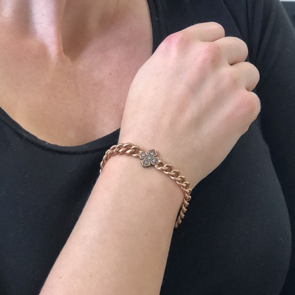 This casual everyday bracelet features an original Victorian chain that Cynthia Ann has up-cycled into a bracelet. The cross and clasp are bejeweled with diamonds. This bracelet is a size 7. Vintage Rose Gold Chain with a Diamond Cross Bracelet
