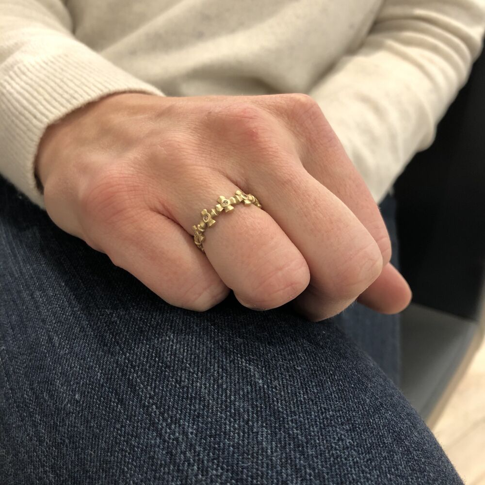 This eternity Cross ring is handcrafted using 14k yellow gold 2.7g and champagne diamonds 0.12tcw. Gold Cross Eternity Ring