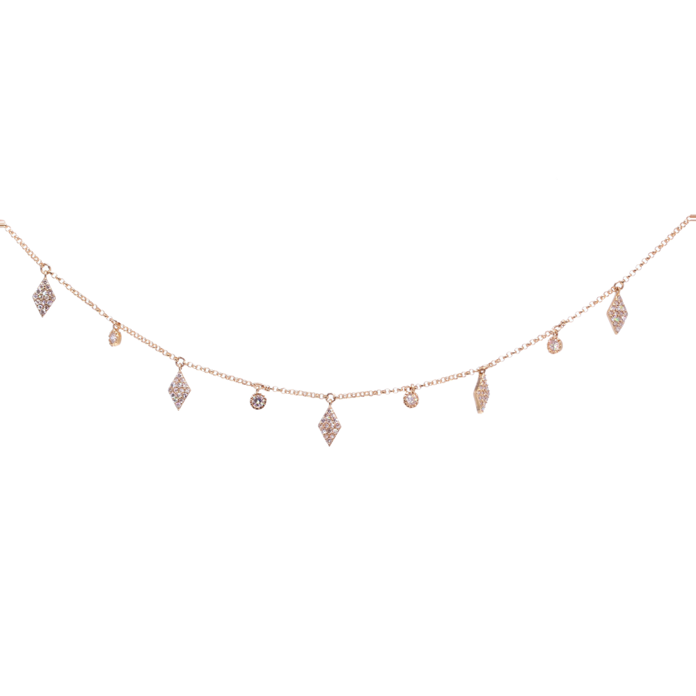 Fringe 14k Yellow gold chain with diamond shaped charms and diamonds Fringe 14k Yellow gold chain with diamond shaped charms and diamonds