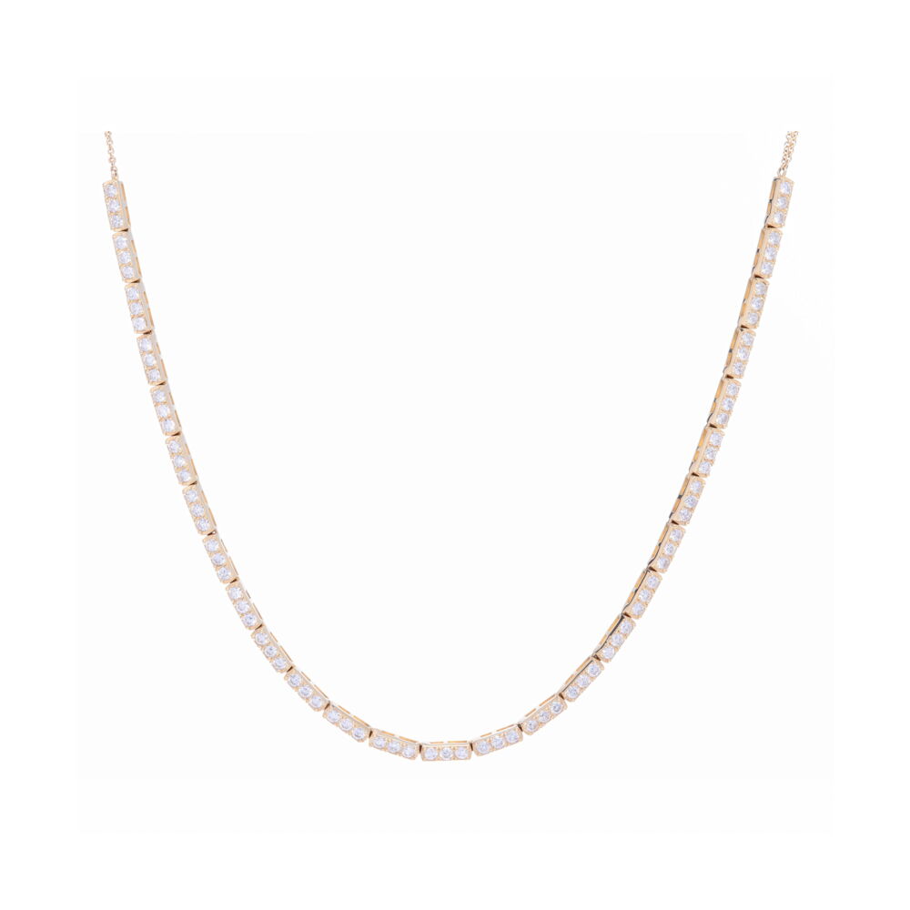 <div>Looking for a diamond choker with a little more personality to offer? Look no further, because this is what you have been searching for! Crafted using 14k yellow gold and a hefty 3.49 carats of diamonds, this choker features a diamond bar design, splitting the line of diamonds into a curious and excitingly new design.</div><div>Diamond weight: 3.49ct</div><div></div> Large 3-Diamond Bar Choker 14K Gold with Diamonds